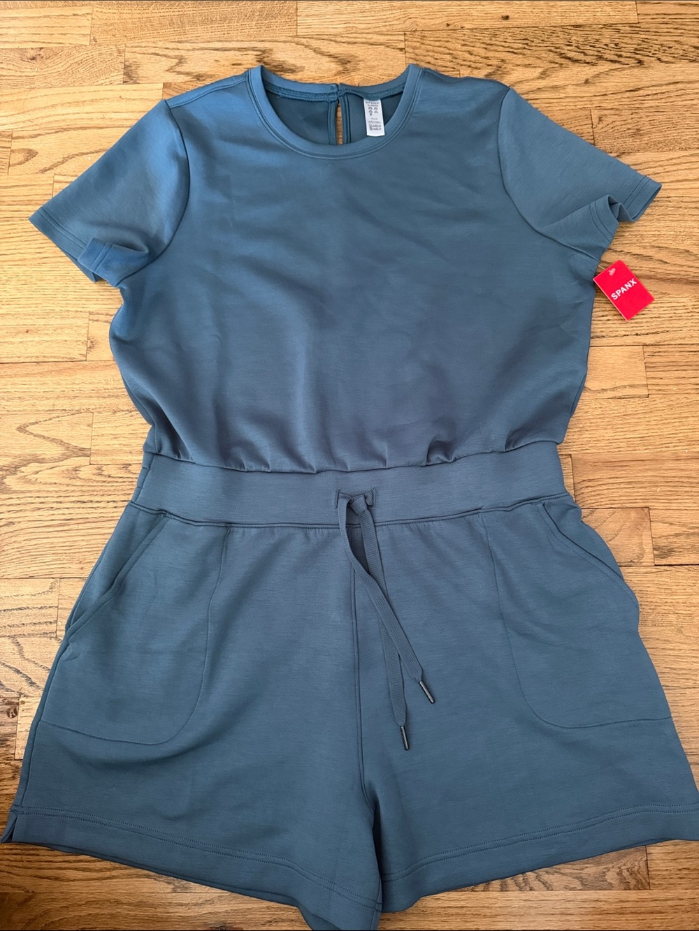 Blue Short Sleeve SPANX Romper with Drawstring Waist